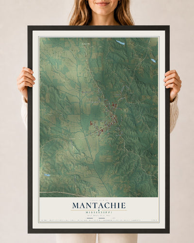Map of Mantachie, Mississippi, 24 x 36 inch print in a black wood frame