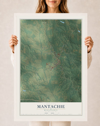 Map of Mantachie, Mississippi, 24 x 36 inch print in a white wood frame