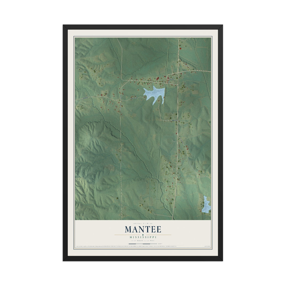 Map of Mantee, Mississippi, 12 x 18 inch print in a black wood frame