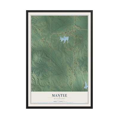 Map of Mantee, Mississippi, 12 x 18 inch print in a black wood frame