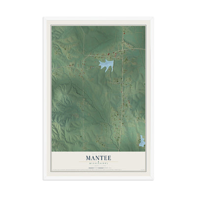 Map of Mantee, Mississippi, 12 x 18 inch print in a white wood frame