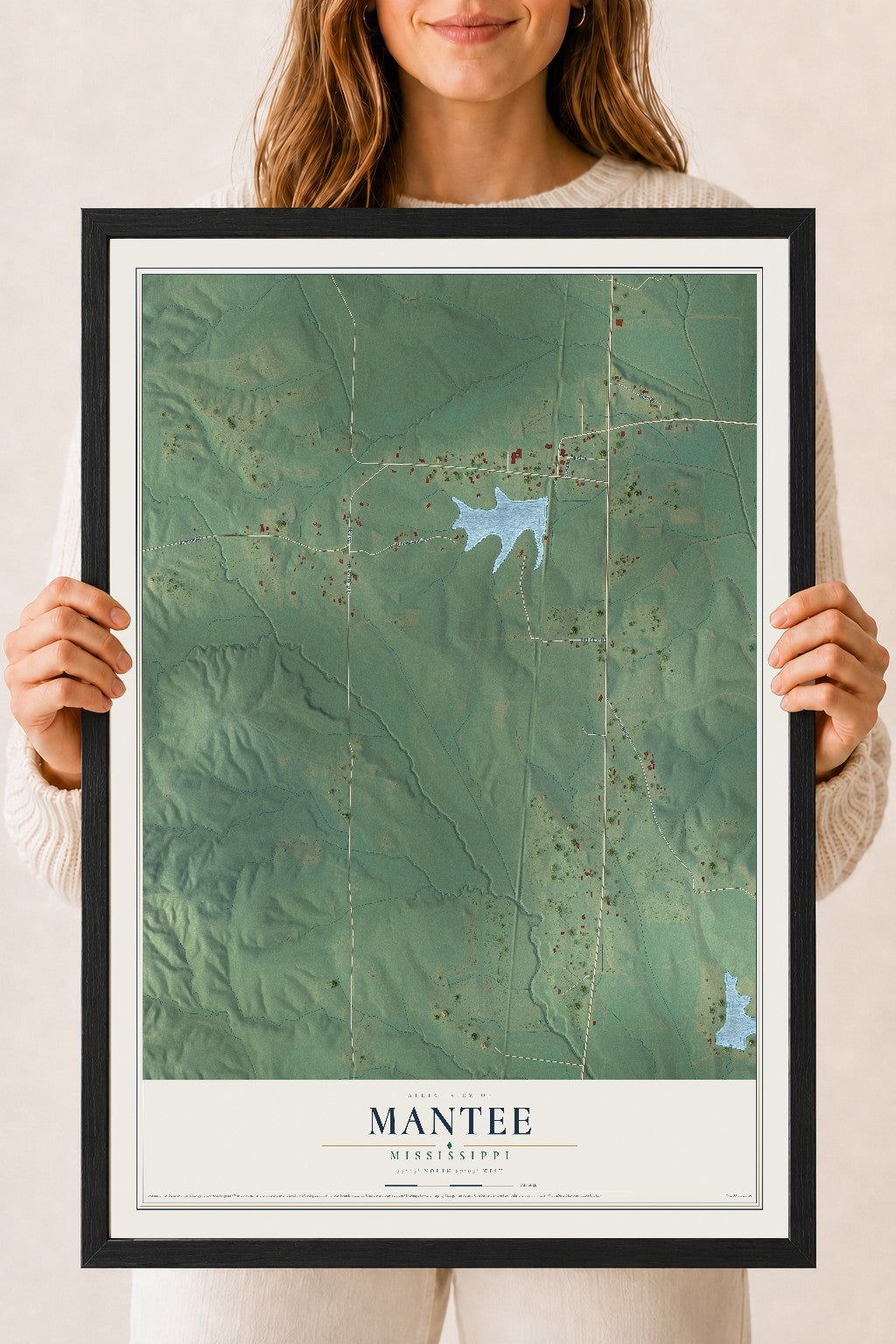 Map of Mantee, Mississippi, 18 x 24 inch print in a black wood frame