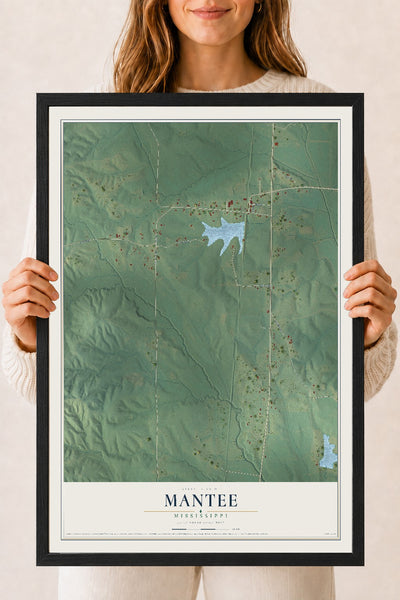 Map of Mantee, Mississippi, 18 x 24 inch print in a black wood frame