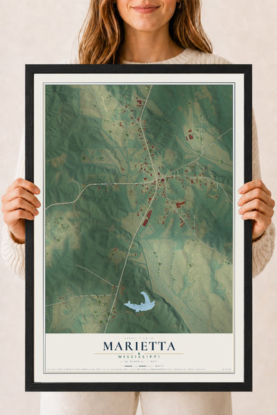 Map of Marietta, Mississippi, 18 x 24 inch print in a black wood frame