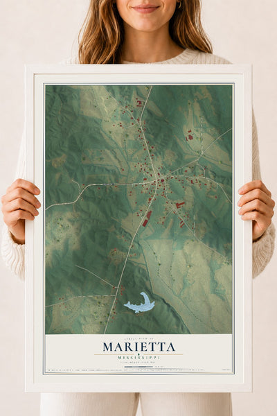 Map of Marietta, Mississippi, 18 x 24 inch print in a white wood frame