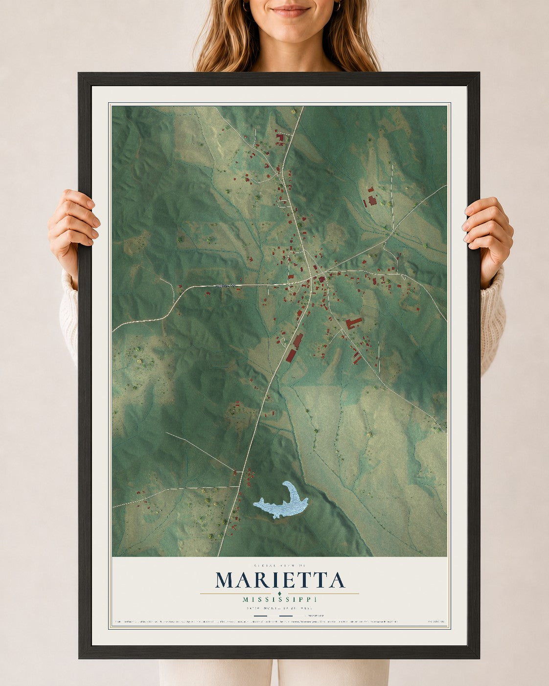 Map of Marietta, Mississippi, 24 x 36 inch print in a black wood frame