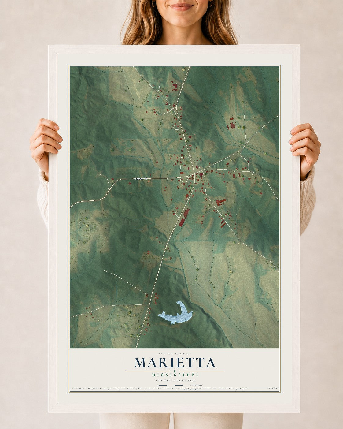 Map of Marietta, Mississippi, 24 x 36 inch print in a white wood frame