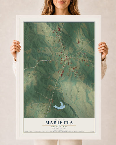 Map of Marietta, Mississippi, 24 x 36 inch print in a white wood frame