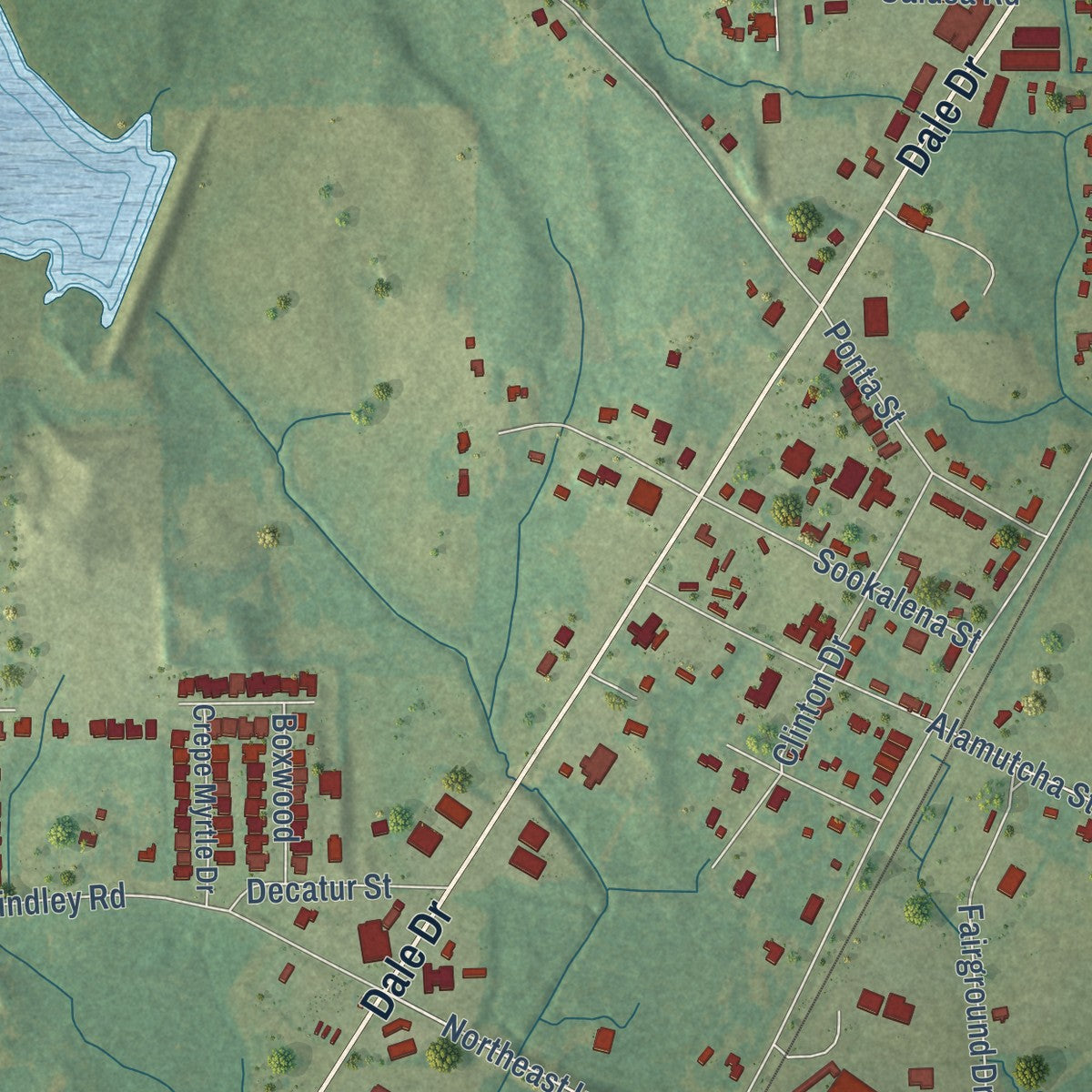 Close-up of the map of Marion, Mississippi print showing street and building detail