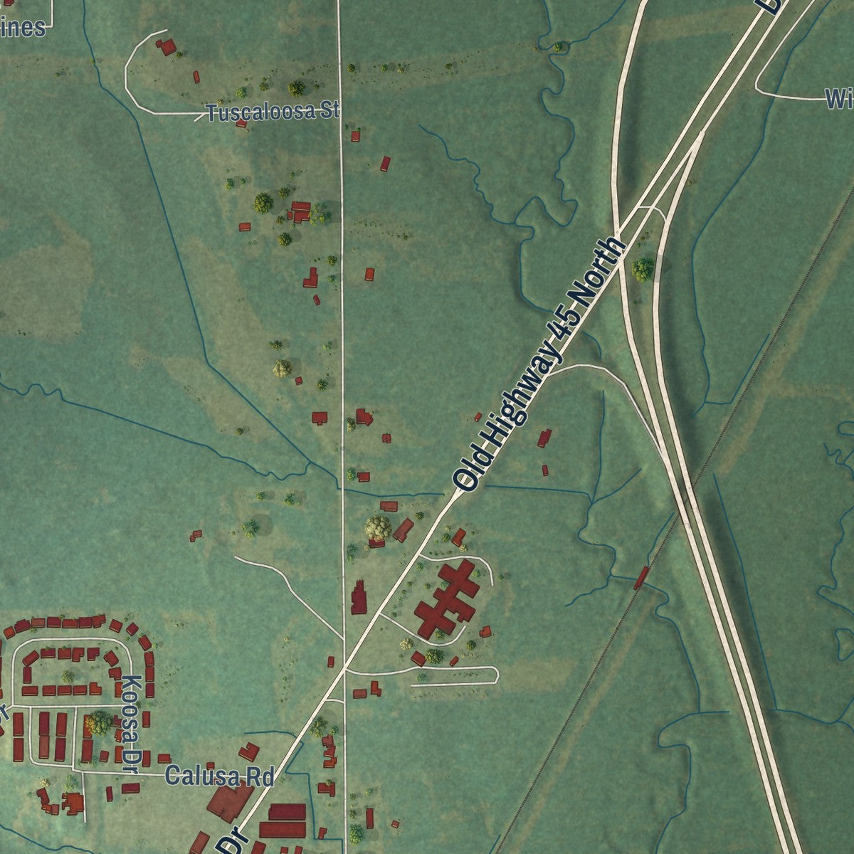Second close-up of the map of Marion, Mississippi print showing more streets and buildings