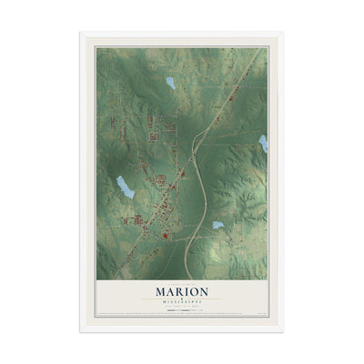 Map of Marion, Mississippi, 12 x 18 inch print in a white wood frame