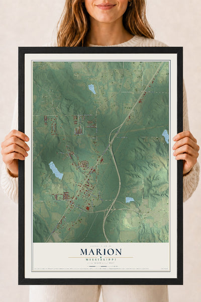 Map of Marion, Mississippi, 18 x 24 inch print in a black wood frame