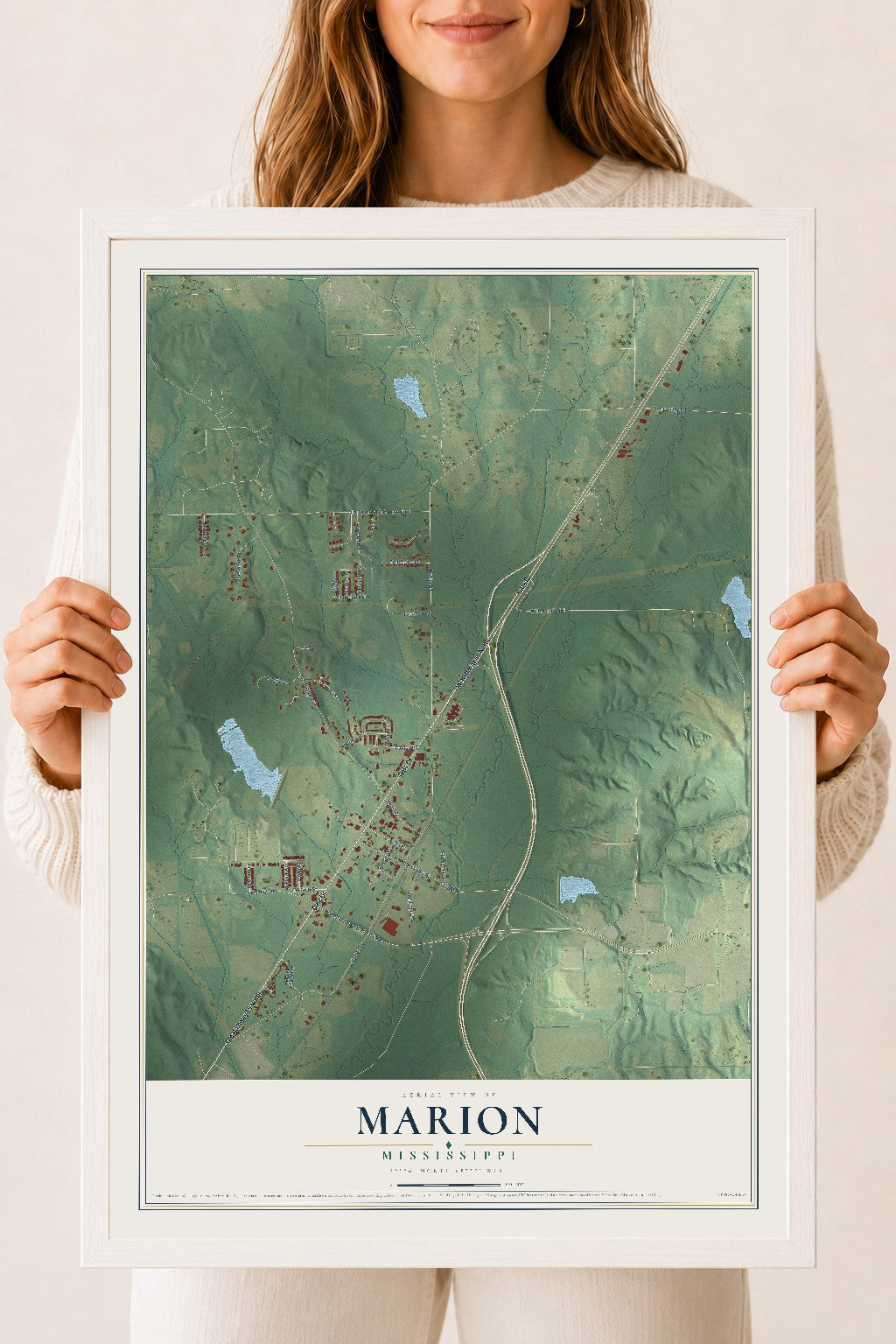 Map of Marion, Mississippi, 18 x 24 inch print in a white wood frame