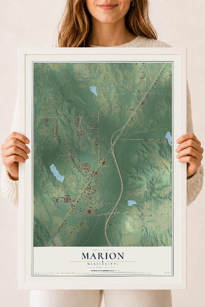 Map of Marion, Mississippi, 18 x 24 inch print in a white wood frame