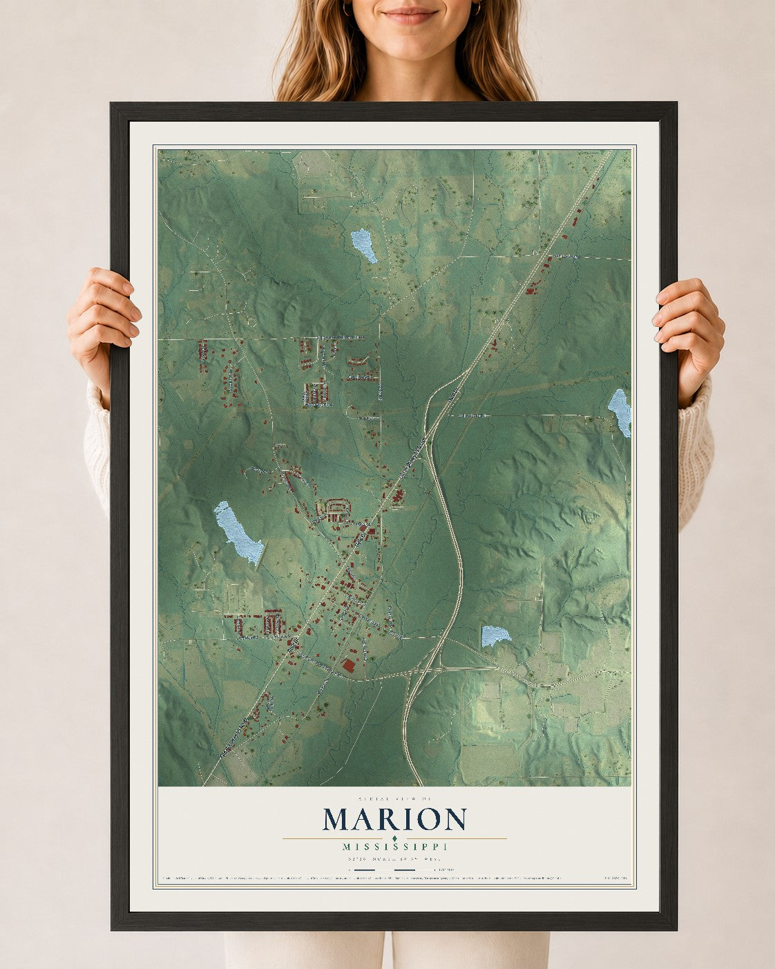 Map of Marion, Mississippi, 24 x 36 inch print in a black wood frame