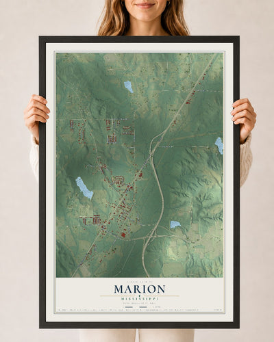 Map of Marion, Mississippi, 24 x 36 inch print in a black wood frame
