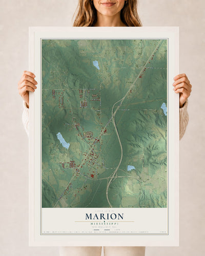 Map of Marion, Mississippi, 24 x 36 inch print in a white wood frame