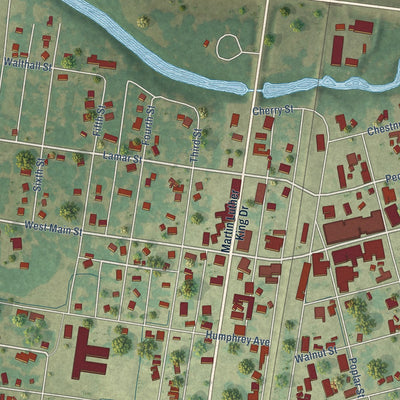 Close-up of the map of Marks, Mississippi print showing street and building detail