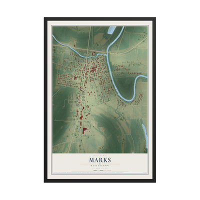 Map of Marks, Mississippi, 12 x 18 inch print in a black wood frame