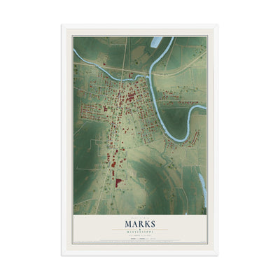 Map of Marks, Mississippi, 12 x 18 inch print in a white wood frame