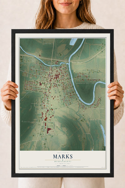 Map of Marks, Mississippi, 18 x 24 inch print in a black wood frame