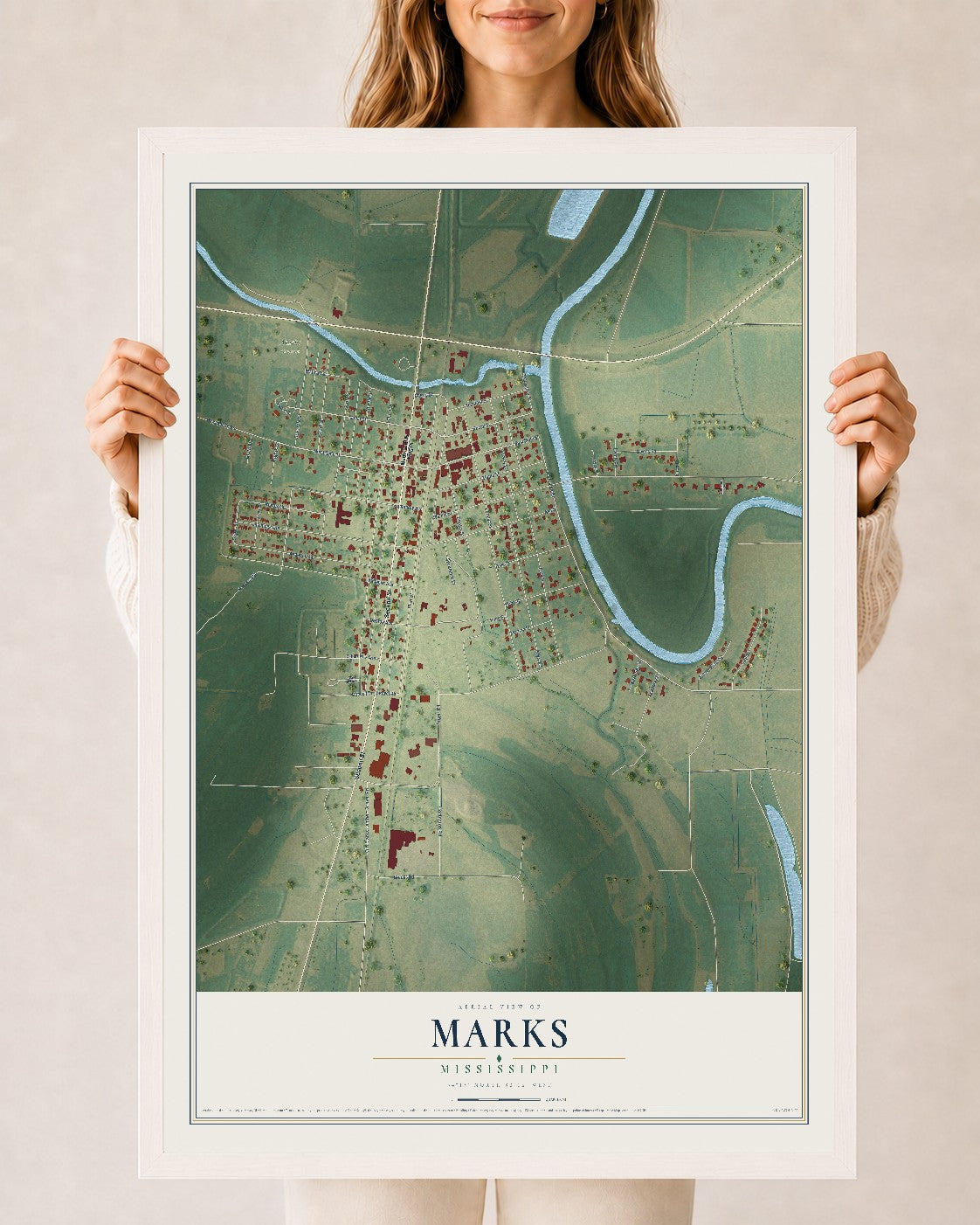 Map of Marks, Mississippi, 24 x 36 inch print in a white wood frame