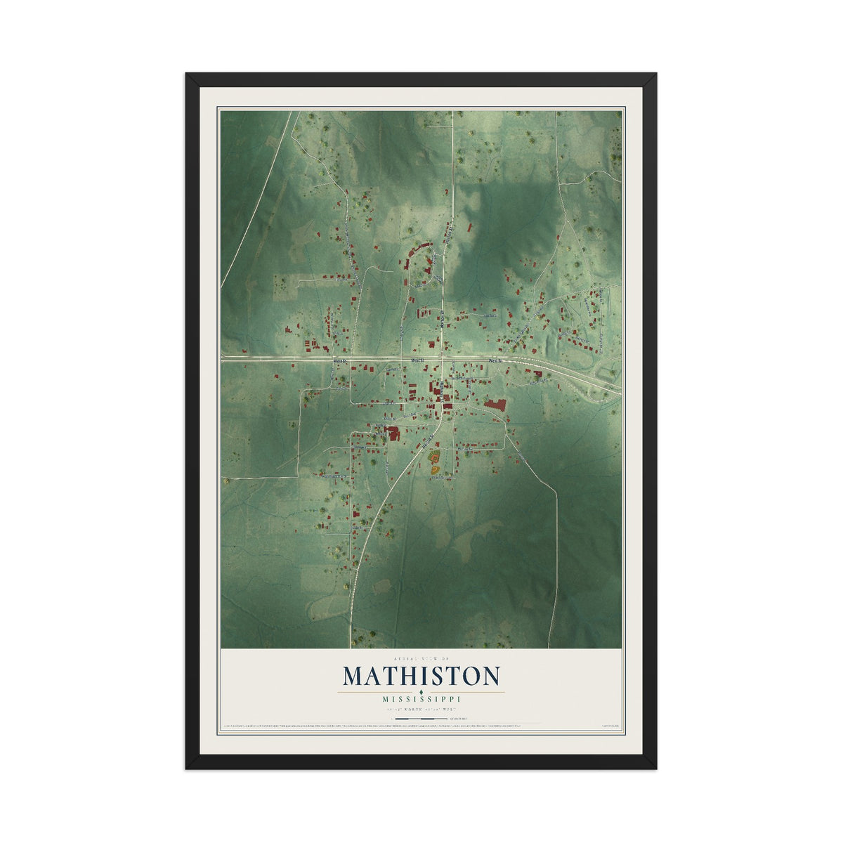 Map of Mathiston, Mississippi, 12 x 18 inch print in a black wood frame