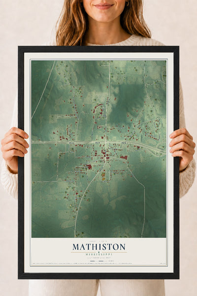 Map of Mathiston, Mississippi, 18 x 24 inch print in a black wood frame