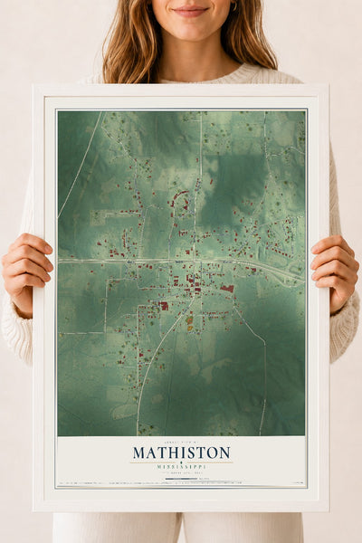 Map of Mathiston, Mississippi, 18 x 24 inch print in a white wood frame