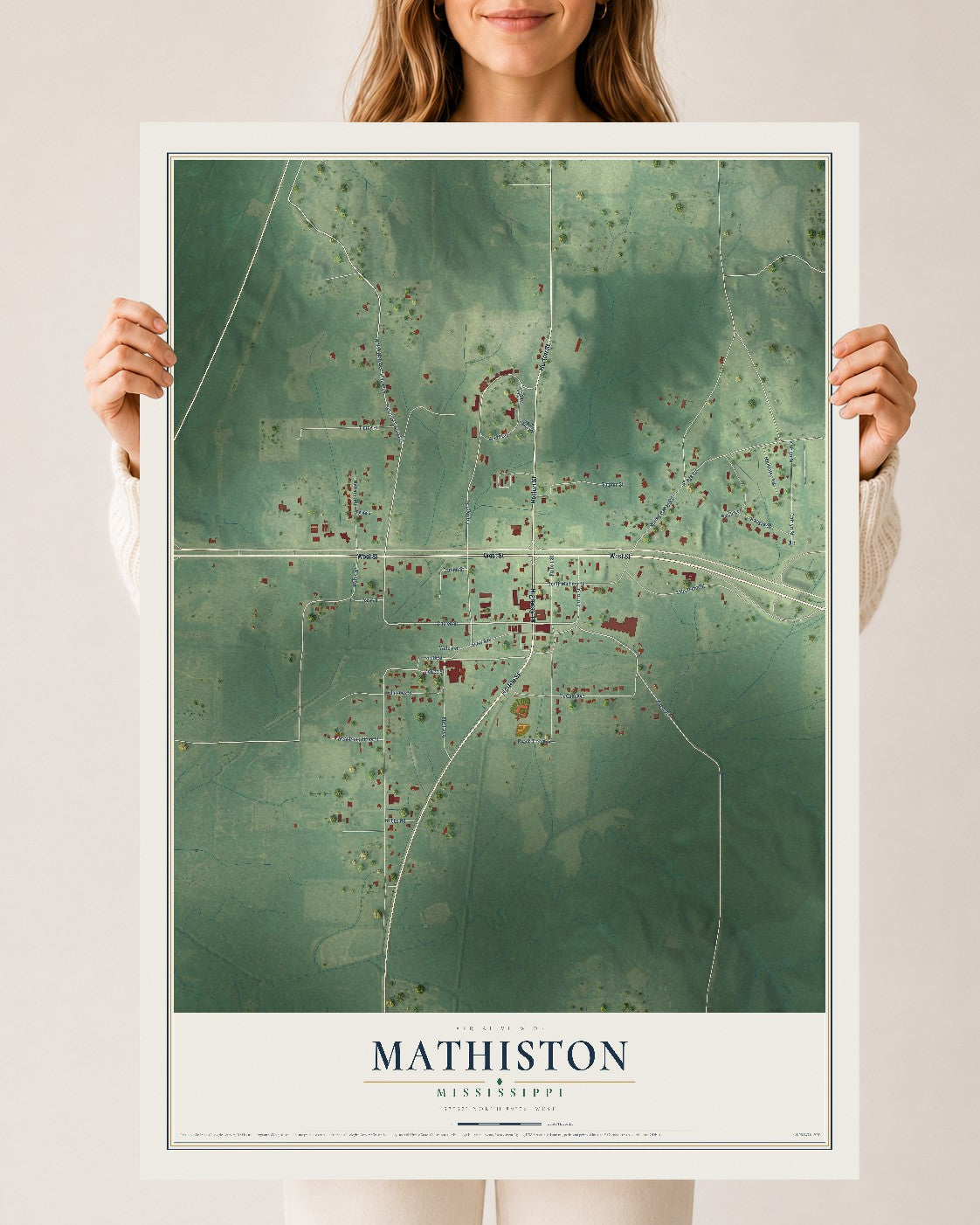 Map of Mathiston, Mississippi, 24 x 36 inch unframed archival matte print
