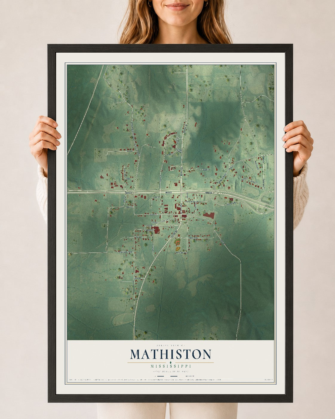 Map of Mathiston, Mississippi, 24 x 36 inch print in a black wood frame