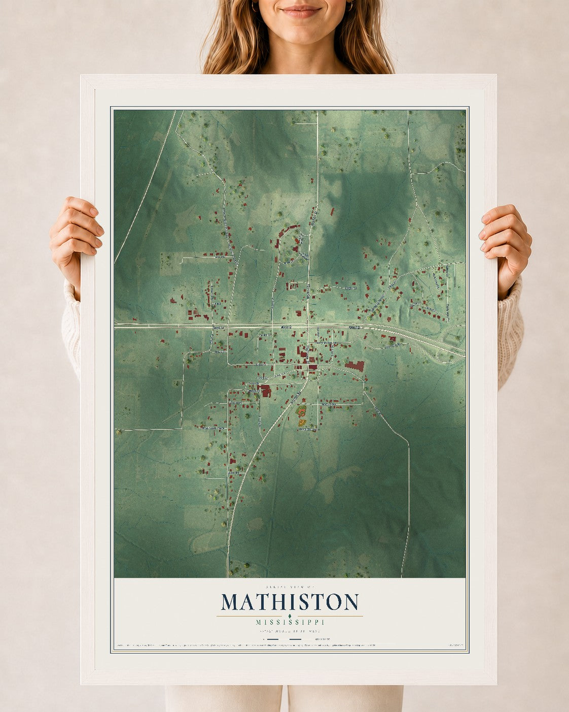 Map of Mathiston, Mississippi, 24 x 36 inch print in a white wood frame
