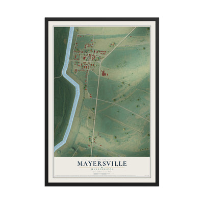 Map of Mayersville, Mississippi, 12 x 18 inch print in a black wood frame