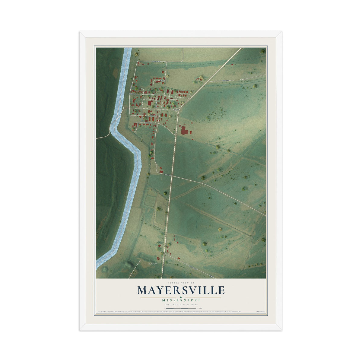 Map of Mayersville, Mississippi, 12 x 18 inch print in a white wood frame