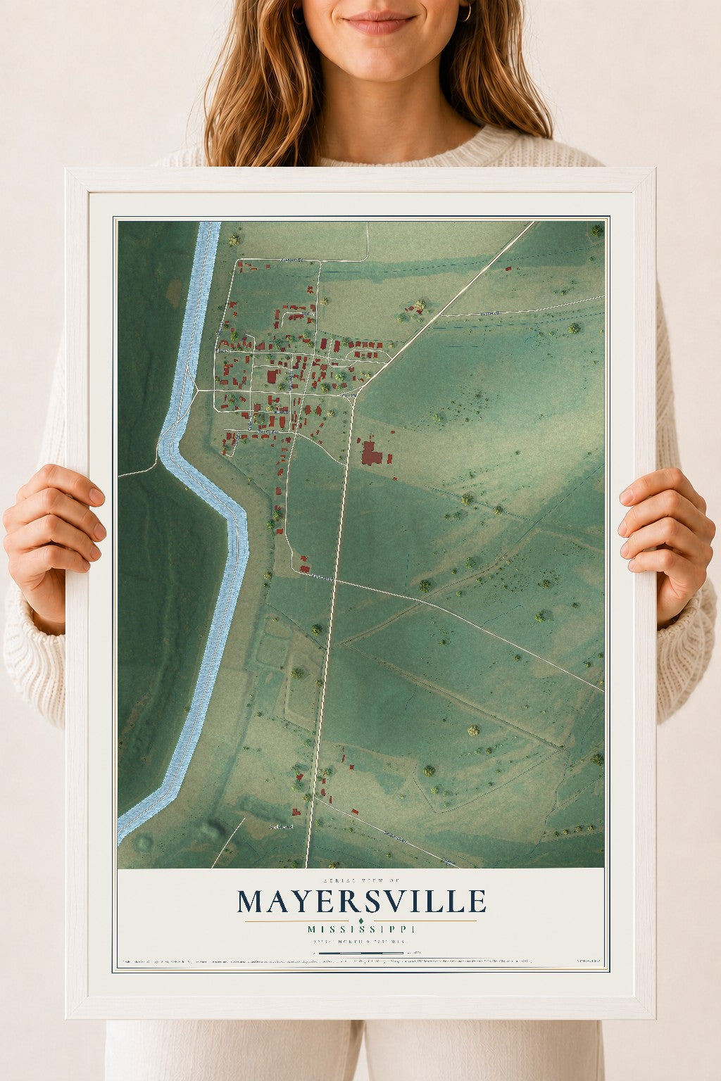 Map of Mayersville, Mississippi, 18 x 24 inch print in a white wood frame