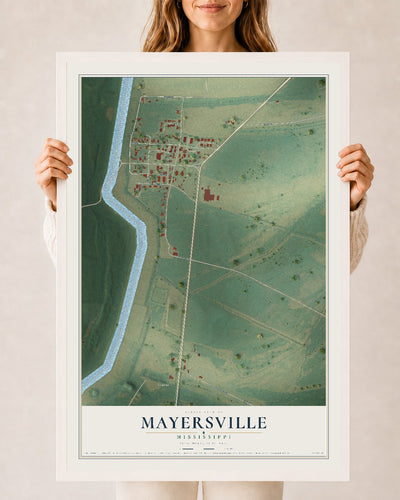 Map of Mayersville, Mississippi, 24 x 36 inch print in a white wood frame