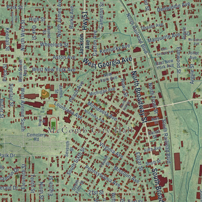 Close-up of the map of McComb, Mississippi print showing street and building detail