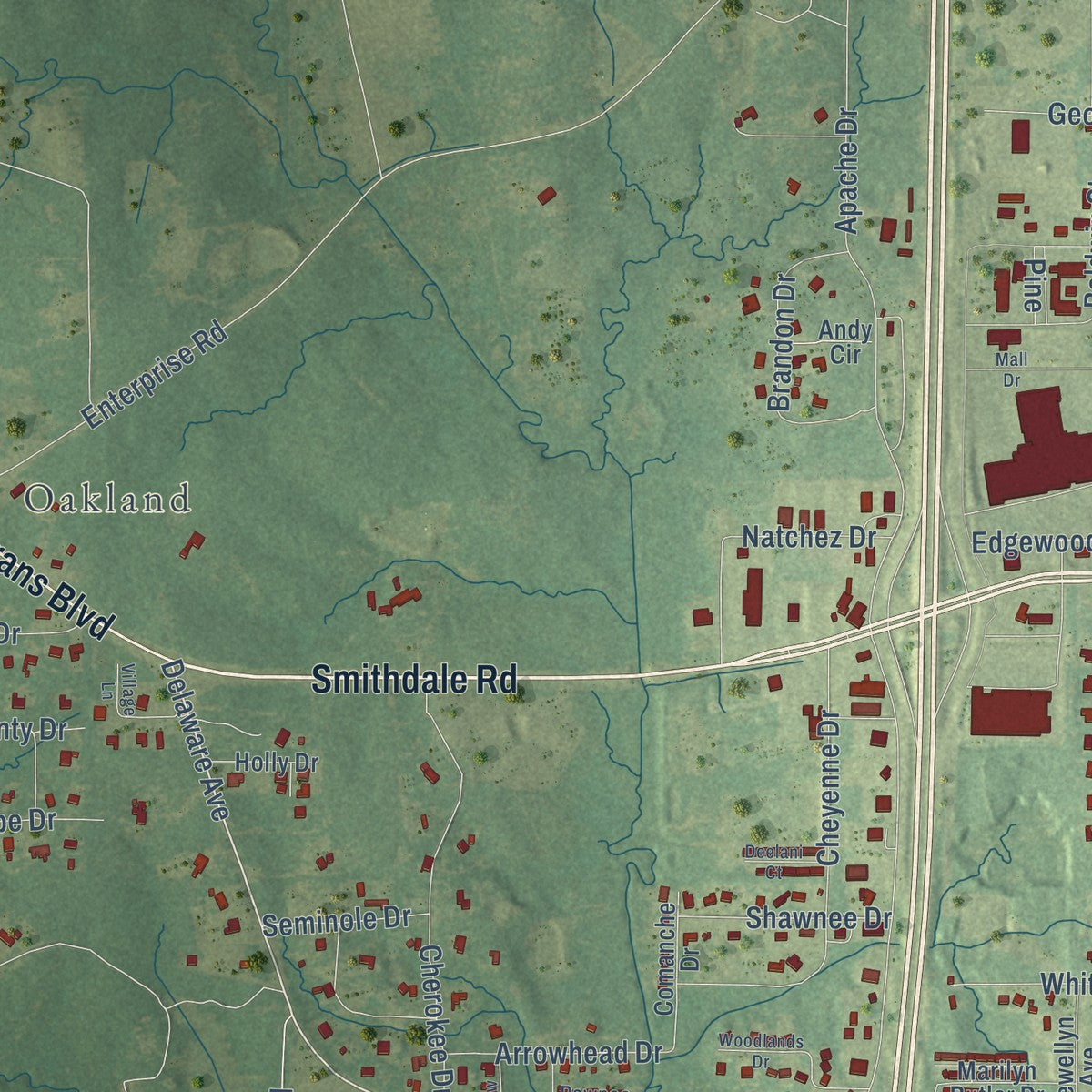 Second close-up of the map of McComb, Mississippi print showing more streets and buildings