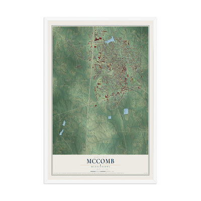 Map of McComb, Mississippi, 12 x 18 inch print in a white wood frame