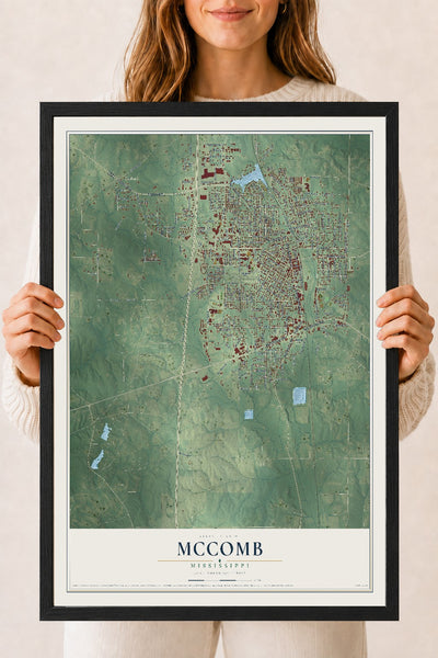 Map of McComb, Mississippi, 18 x 24 inch print in a black wood frame