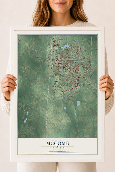Map of McComb, Mississippi, 18 x 24 inch print in a white wood frame
