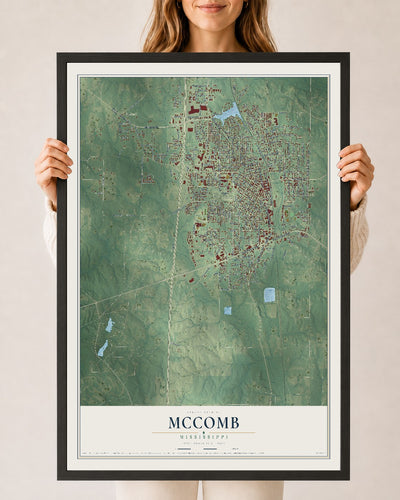 Map of McComb, Mississippi, 24 x 36 inch print in a black wood frame
