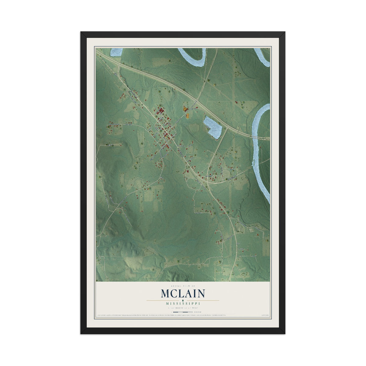 Map of McLain, Mississippi, 12 x 18 inch print in a black wood frame