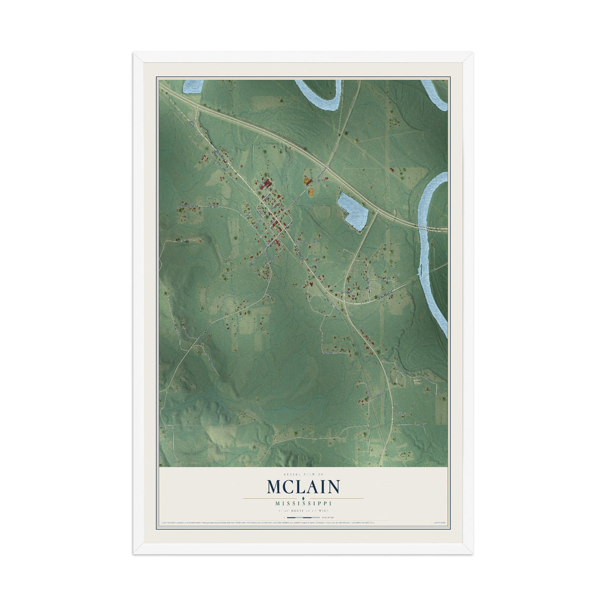 Map of McLain, Mississippi, 12 x 18 inch print in a white wood frame