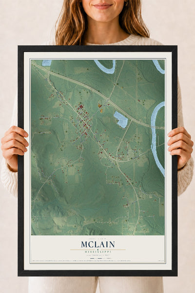 Map of McLain, Mississippi, 18 x 24 inch print in a black wood frame