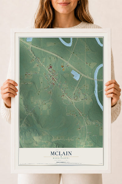 Map of McLain, Mississippi, 18 x 24 inch print in a white wood frame