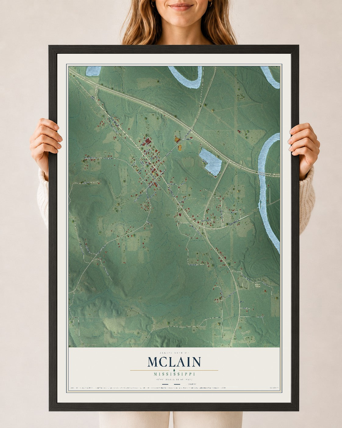 Map of McLain, Mississippi, 24 x 36 inch print in a black wood frame