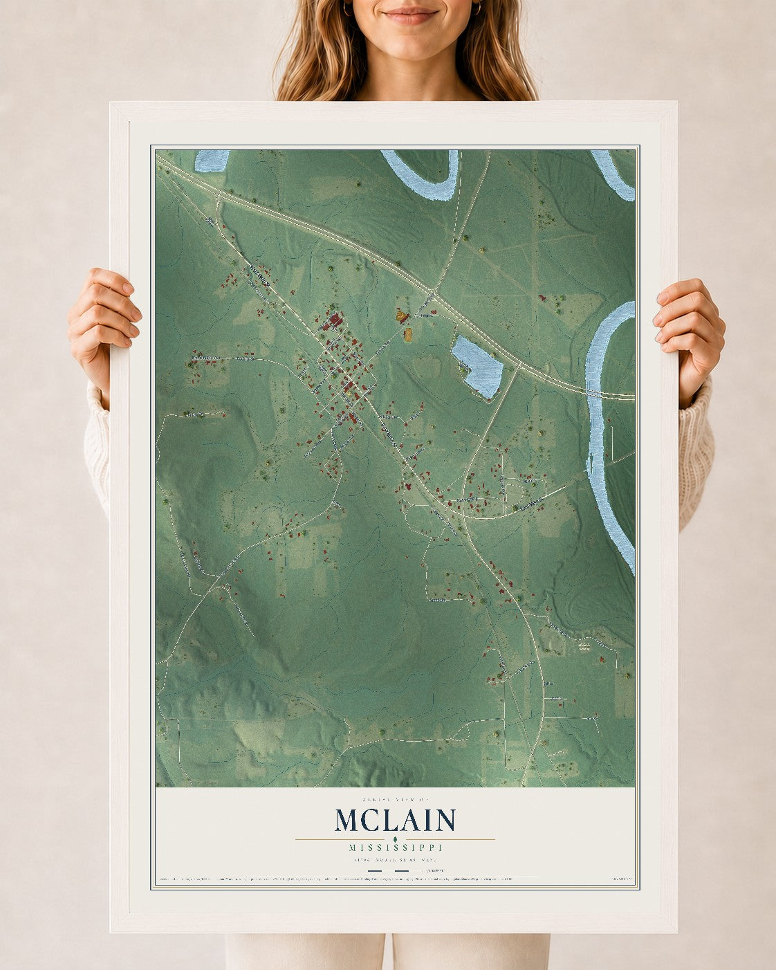 Map of McLain, Mississippi, 24 x 36 inch print in a white wood frame