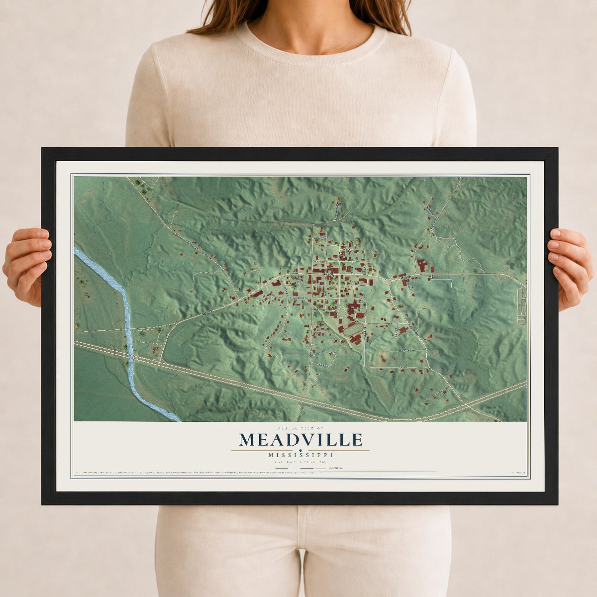 Map of Meadville, Mississippi, 12 x 18 inch print in a black wood frame