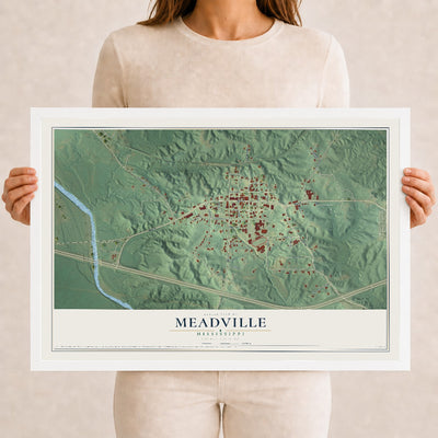 Map of Meadville, Mississippi, 12 x 18 inch print in a white wood frame